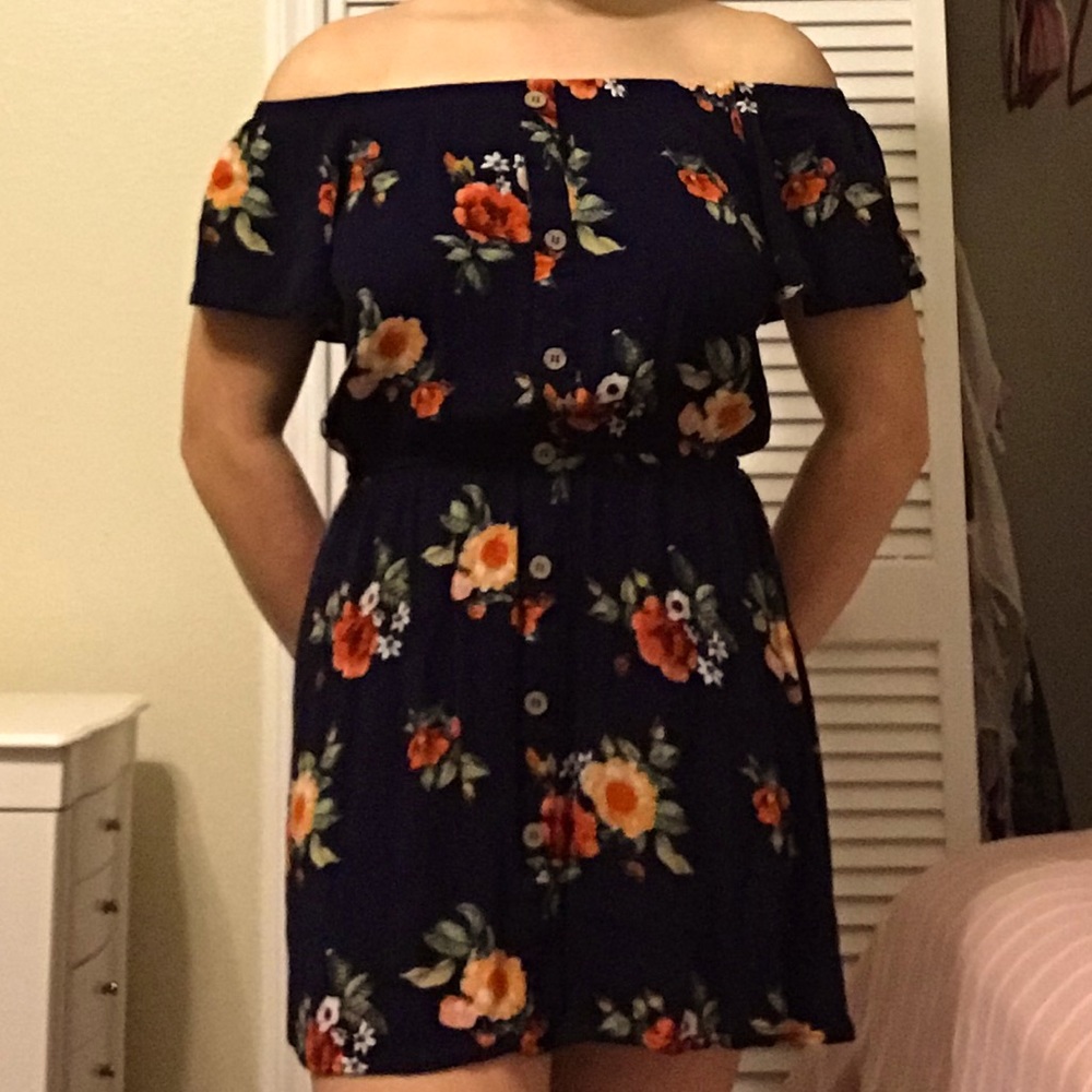 Rue21 off shoulder navy blue floral dress.